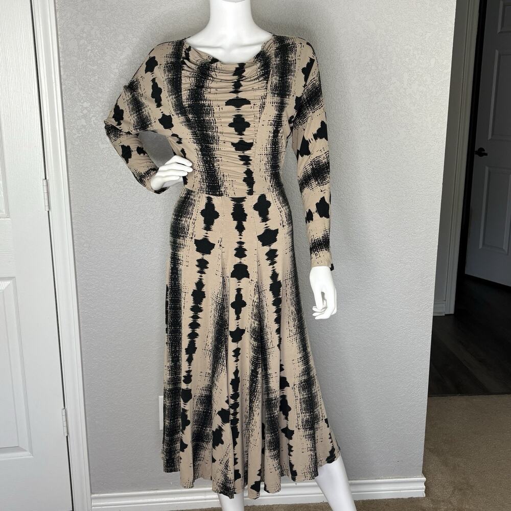 Bel Kazan Maxi Dress Cowl Neck Tie Dye Beige Black Boho Artsy Sz M - Picture 2 of 7